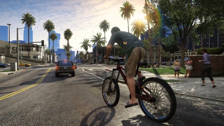 A character rides a bike in Grand Theft Auto V.