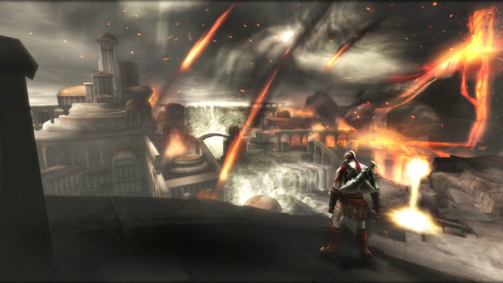 Kratos watching fire fall on a city.