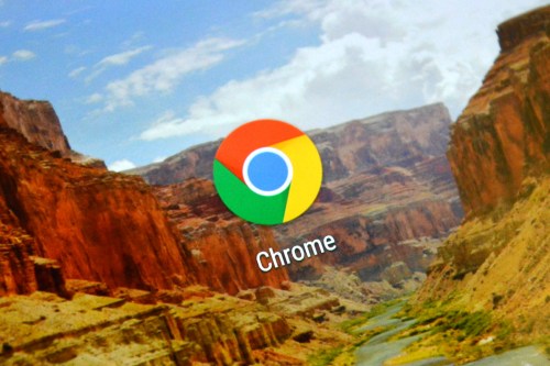 The Google Chrome logo set against a rocky background image.