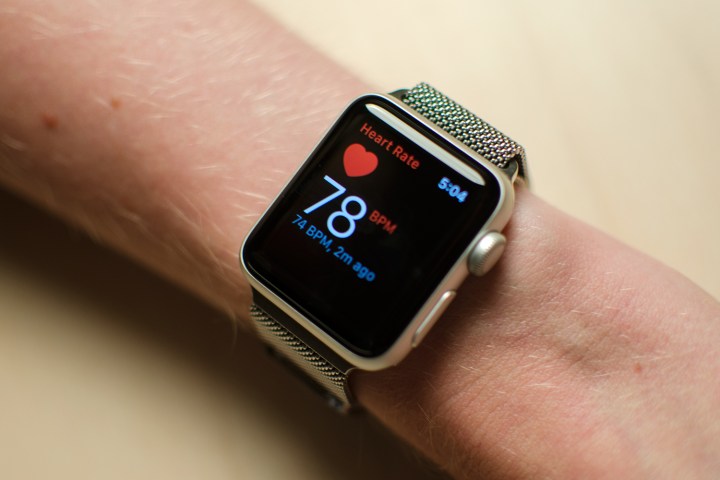 Apple Watch Series 2's heart-rate monitor on wrist.