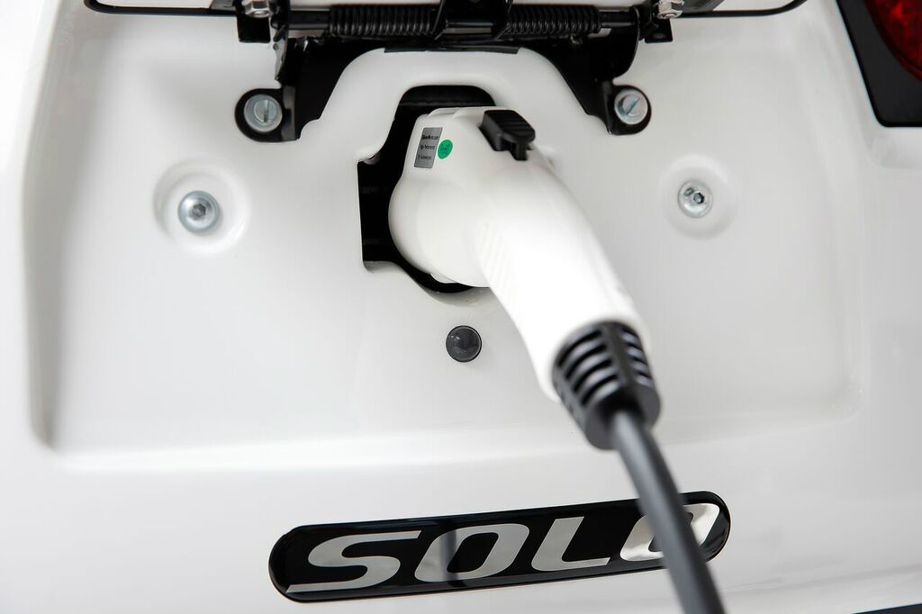 electra meccanica solo unveiled charging port plugged in