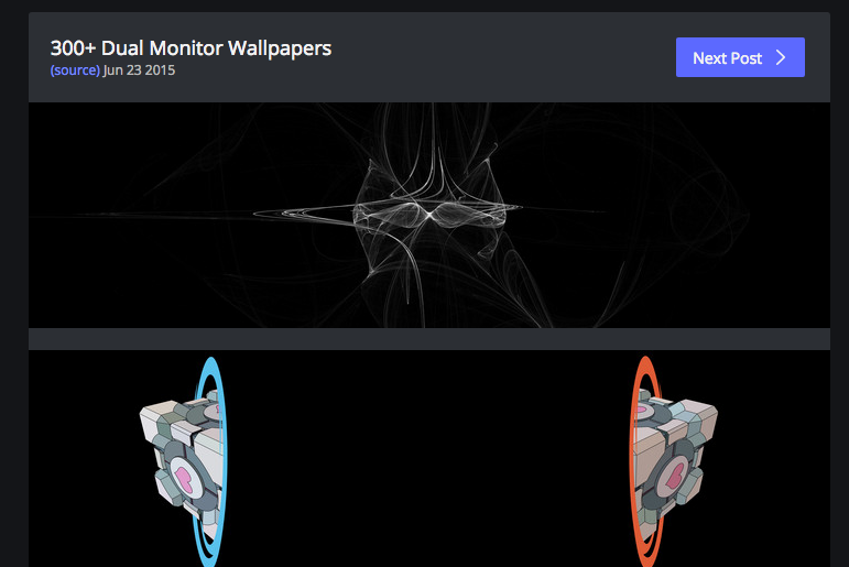 Captura de pantalla del sitio web Imgur Dual Monitor Wallpapers que muestra dos imágenes en miniatura de dos de sus fondos de pantalla disponibles.