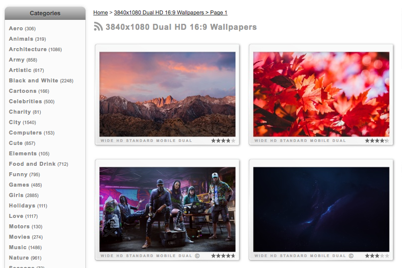 Fondos de pantalla Captura de pantalla del sitio web de Wide que muestra imágenes en miniatura de cuatro fondos de pantalla de 3840x1080 dual HD con relación de aspecto 16:9.