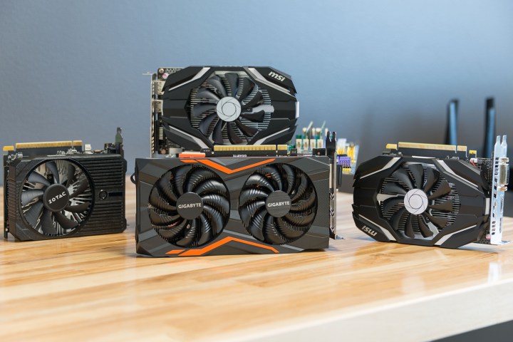 A collection of Nvidia GTX 1050 Ti graphics cards.