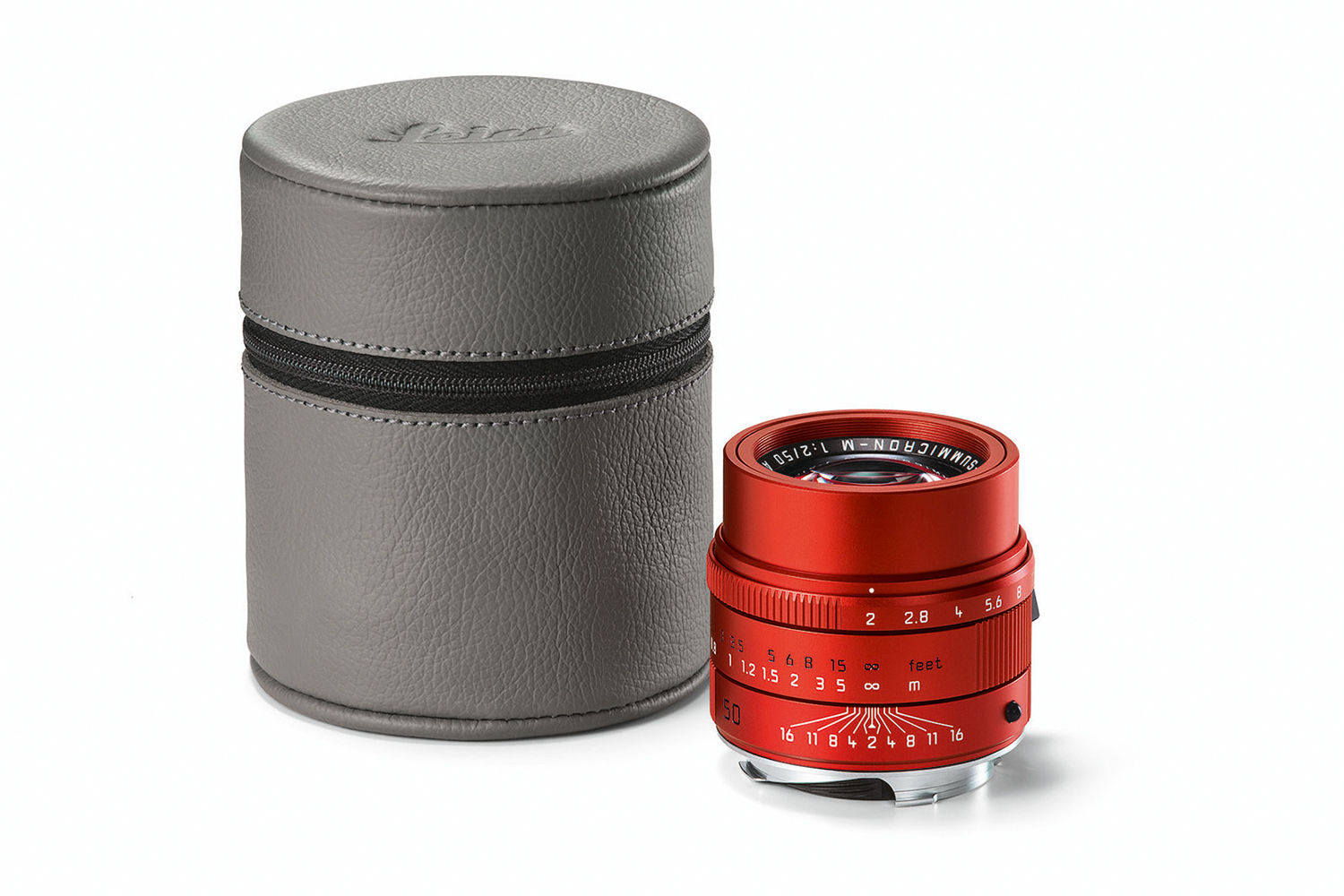 leica first special edition lens apo summicron m red grey leather hood cmyk