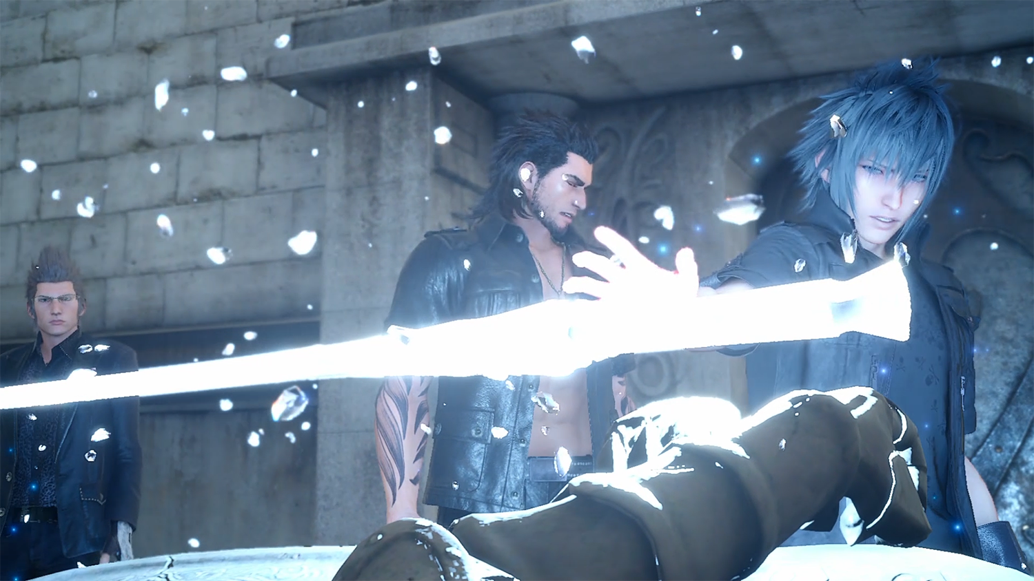Noctis summoning a glowing sword in a dungeon.