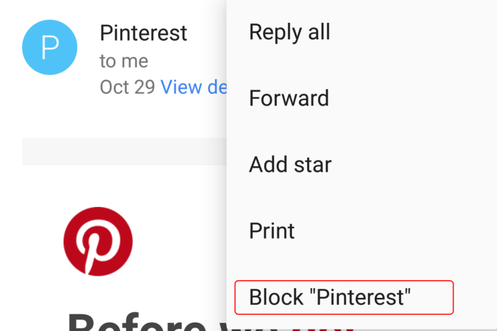 Selecting the Block option in the Gmail mobile app.