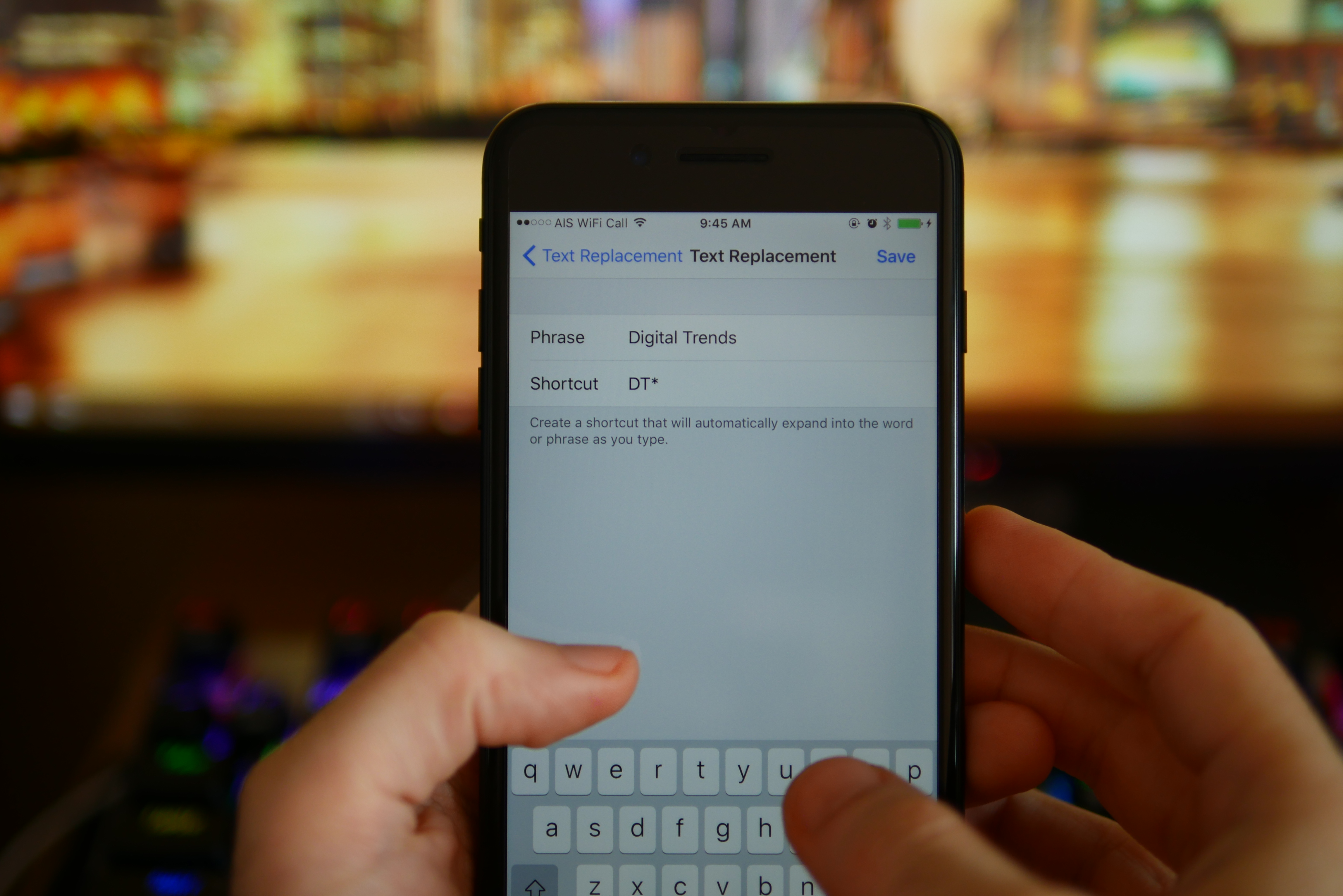 set ios keyboard shortcuts save text replacement