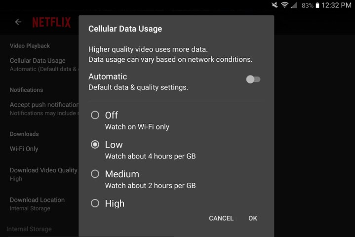 Data usage screen in the Netflix app.