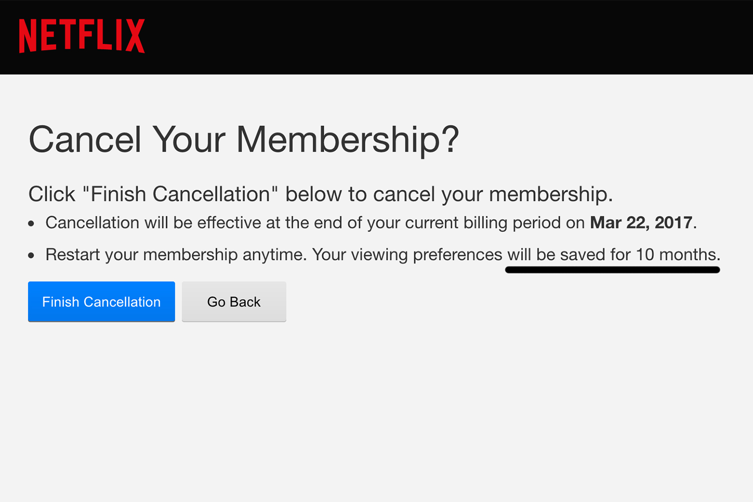 La pantalla Cancelar membresía de Netflix.