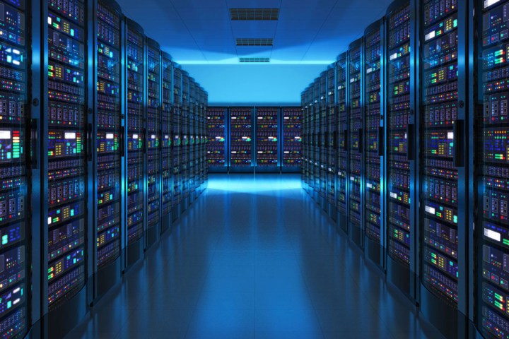 A view inside a dark data center.