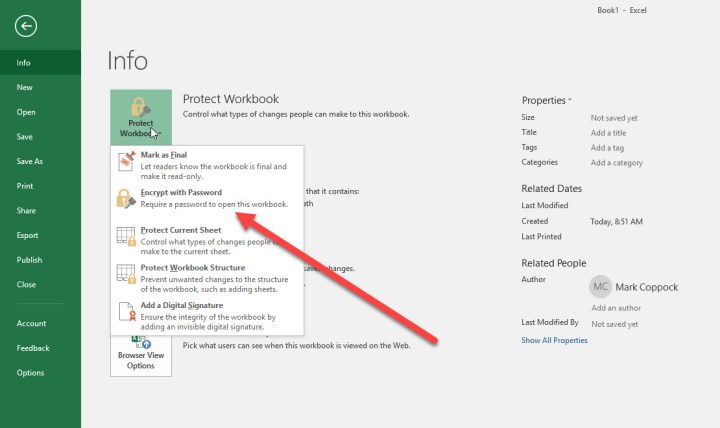 Excel 2016 Protect Workbook options.