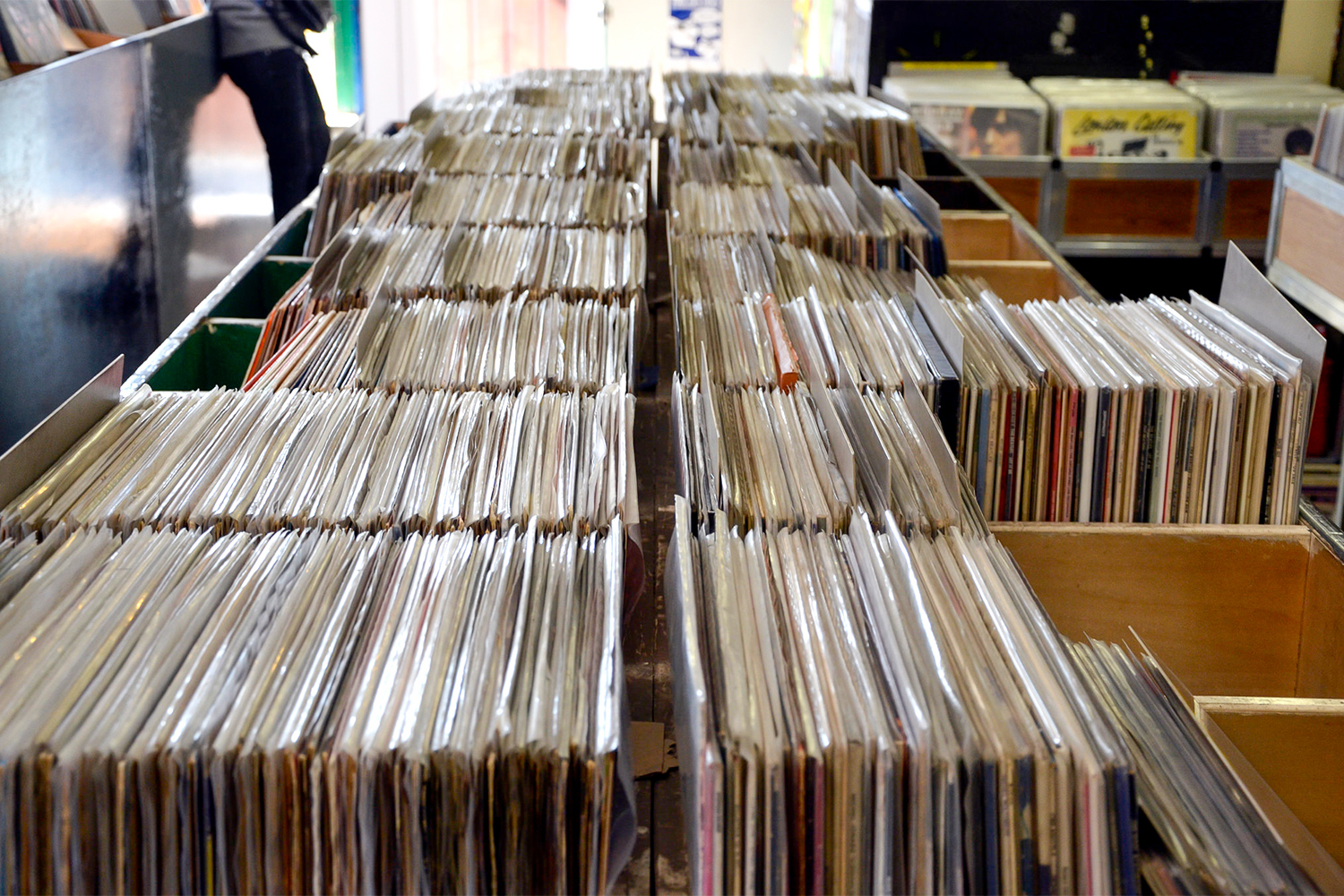 Bins of records at a record shop. 
