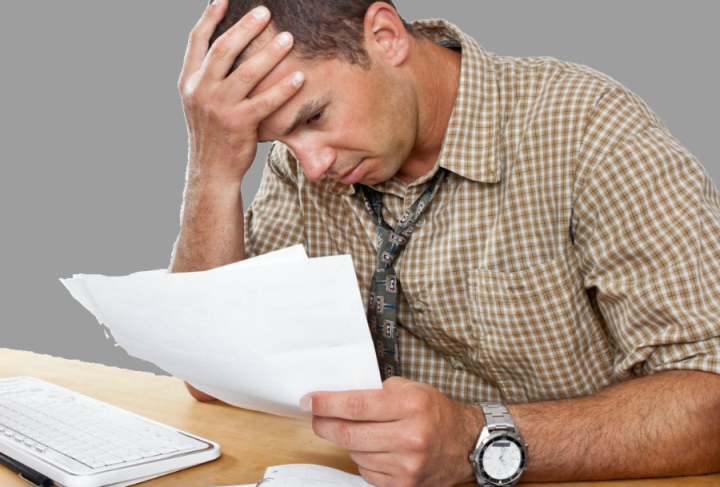 cloud storage digital records online bill paying worried exhausted man with paper bills