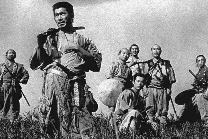 Toshirô Mifune, Minoru Chiaki, Yoshio Inaba, Daisuke Katô, Isao Kimura, Seiji Miyaguchi et Takashi Shimura dans Sept Samouraïs (1954)