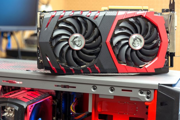 MSI Radeon RX 580 Gaming X+ 8G graphics card on a table.
