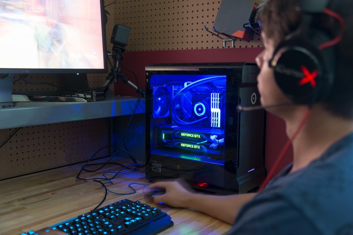 Teenager playing on a desktop gaming PC.