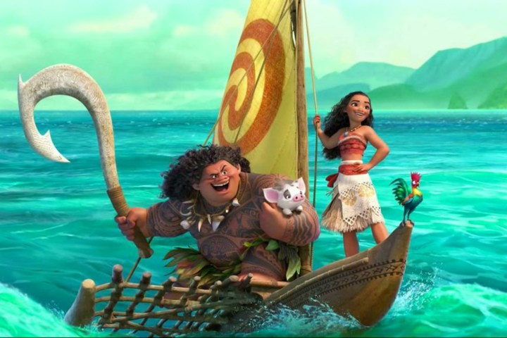 Moana e Maui andando de barco.