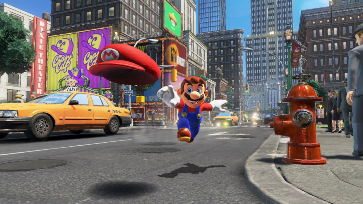 Mario lancia Cappy in Super Mario Odyssey.