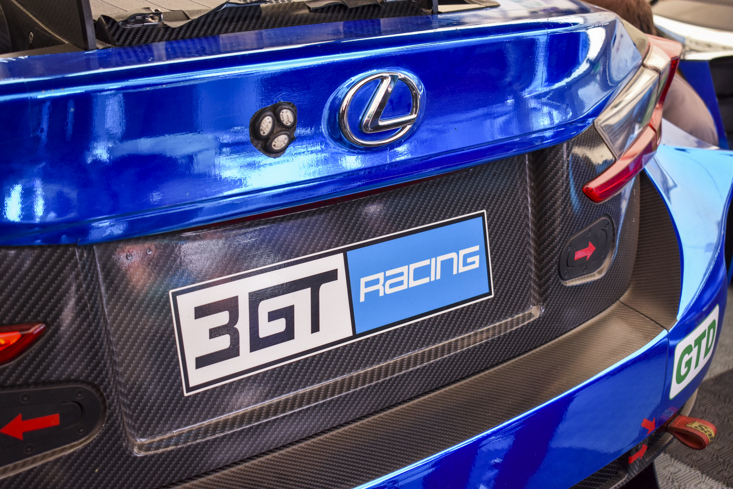 Close-up detail shot of the Lexus RC F GT3 license plate area