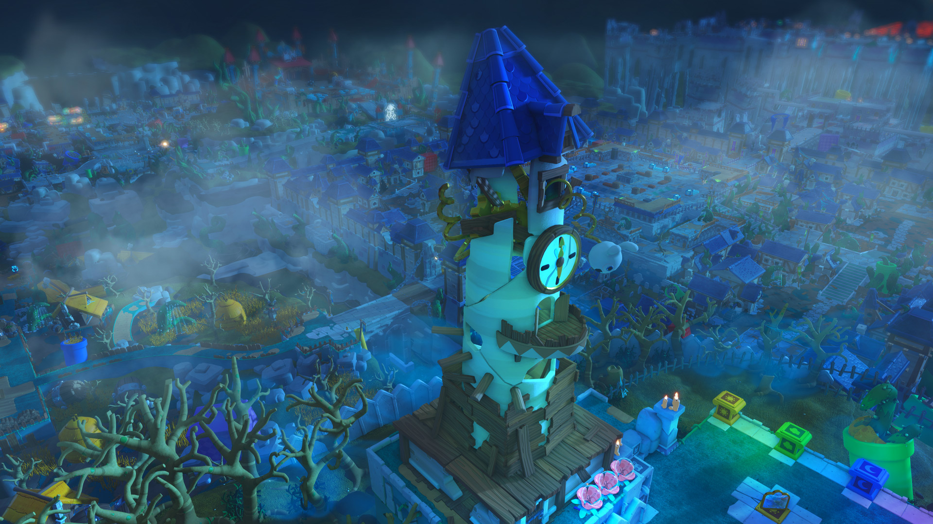 Overview of spooky village environment — Mario + Rabbids Kingdom Battle