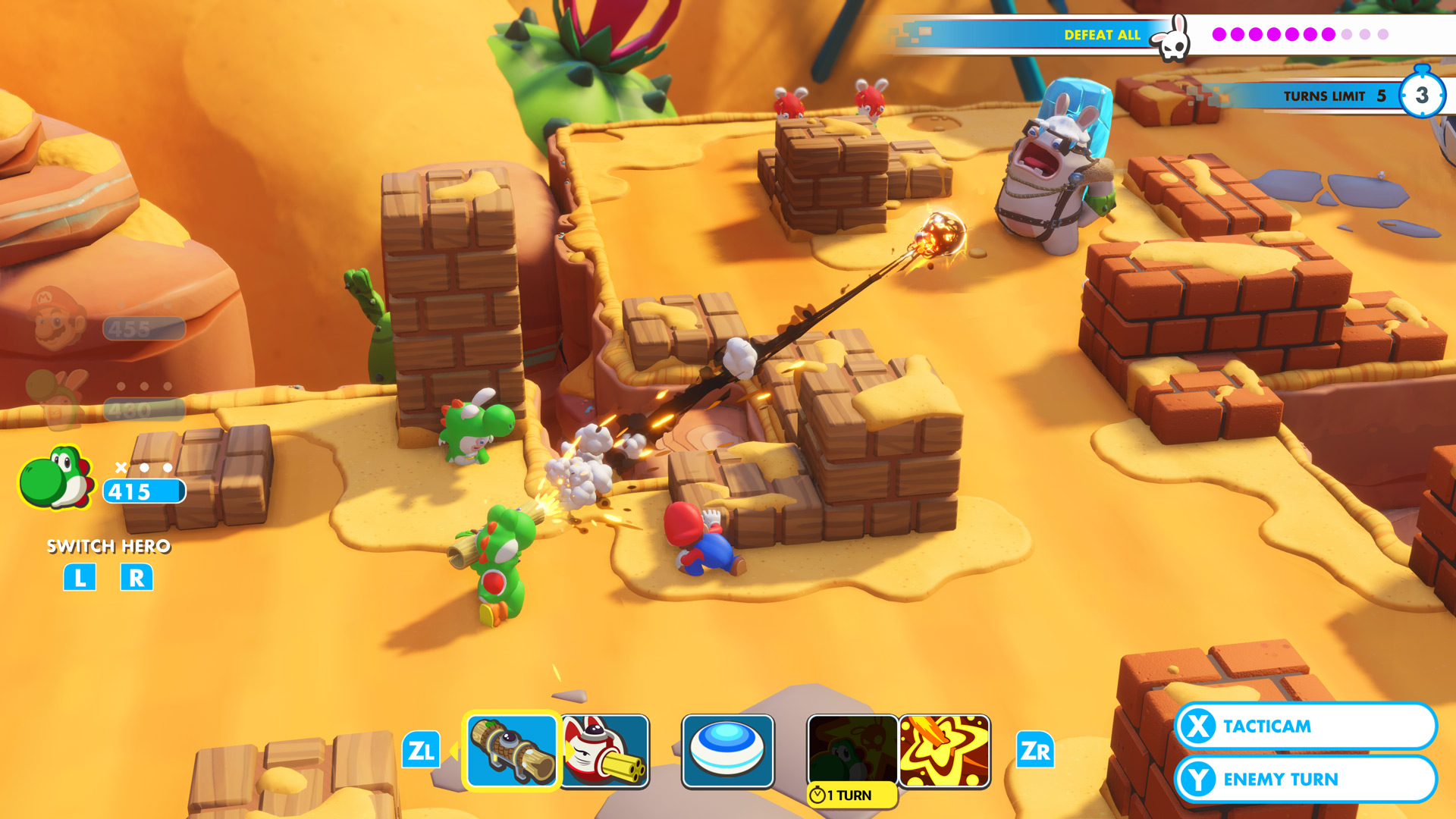 Yoshi firing a bazooka at a rabbid brute while Mario and Rabbid Yoshi hide behind cover — Mario + Rabbids Kingdom Battle