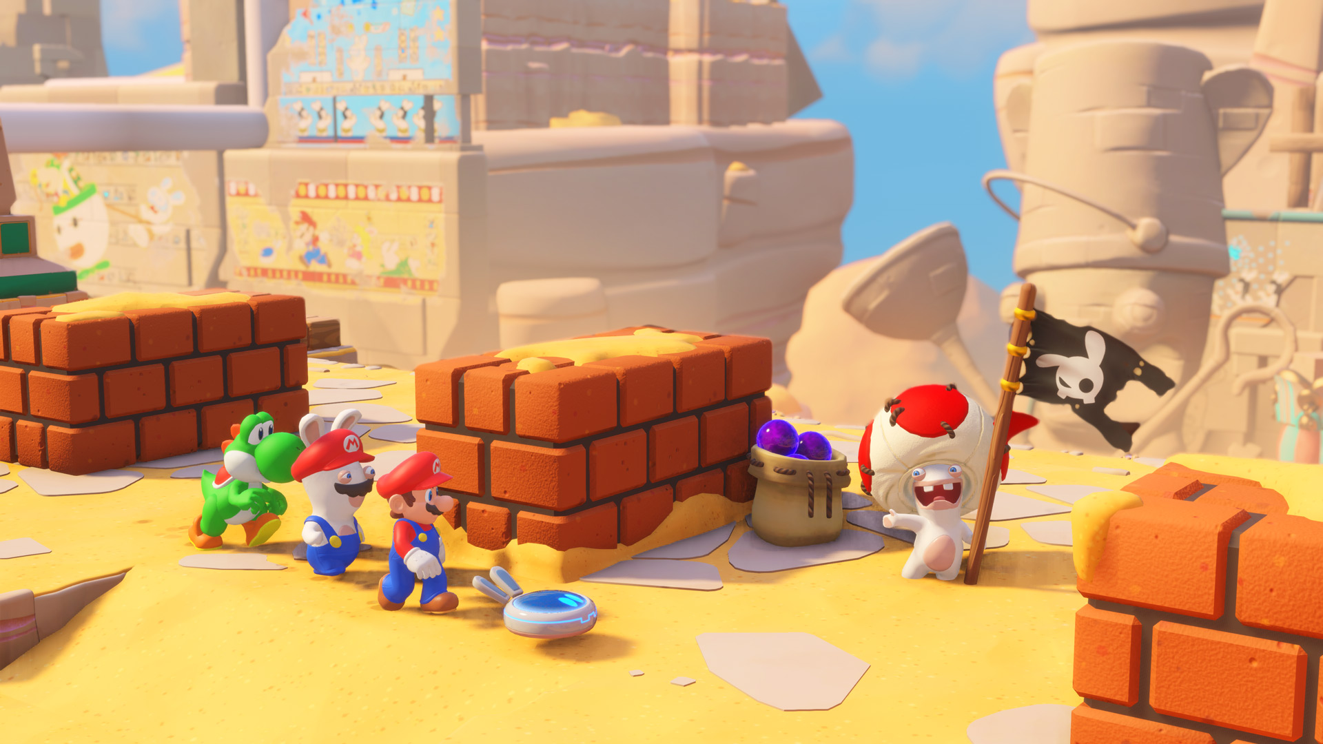 Mario leads Rabbid Mario and Yoshi towards a Rabbid Toad holding a flag — Mario + Rabbids Kingdom Battle