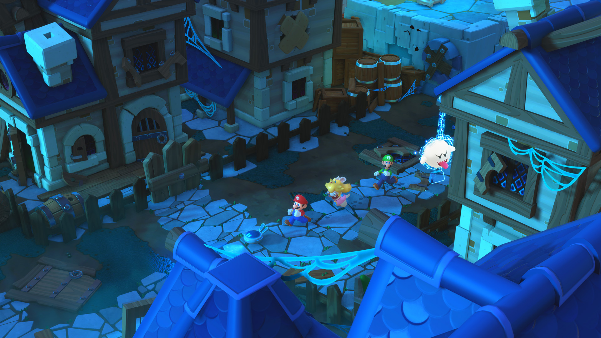 Mario, Rabbid Peach, and Luigi run through a spooky village — Mario + Rabbids Kingdom Battle