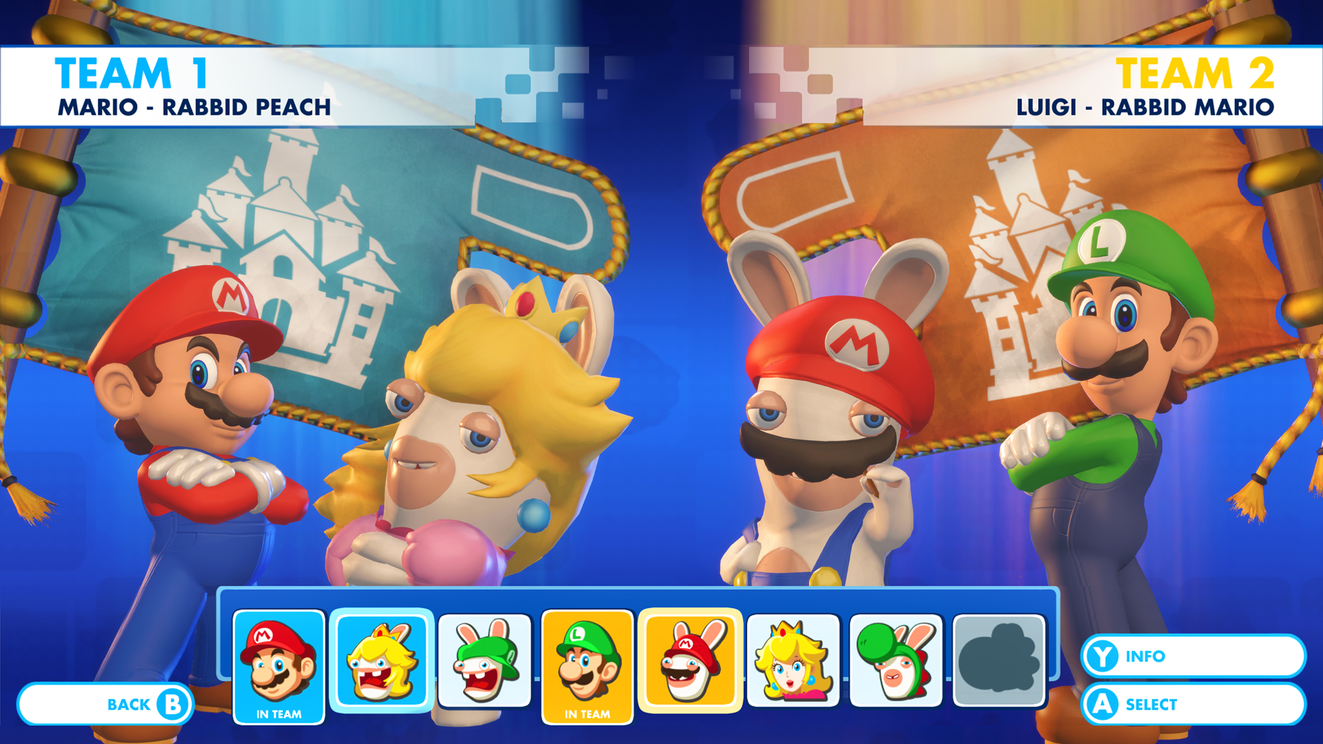Team selection screen — Mario + Rabbids Kingdom Battle