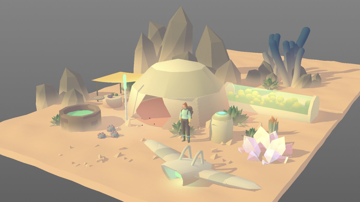 Seed Concept Art featuring 3D render of desert dwelling with villager