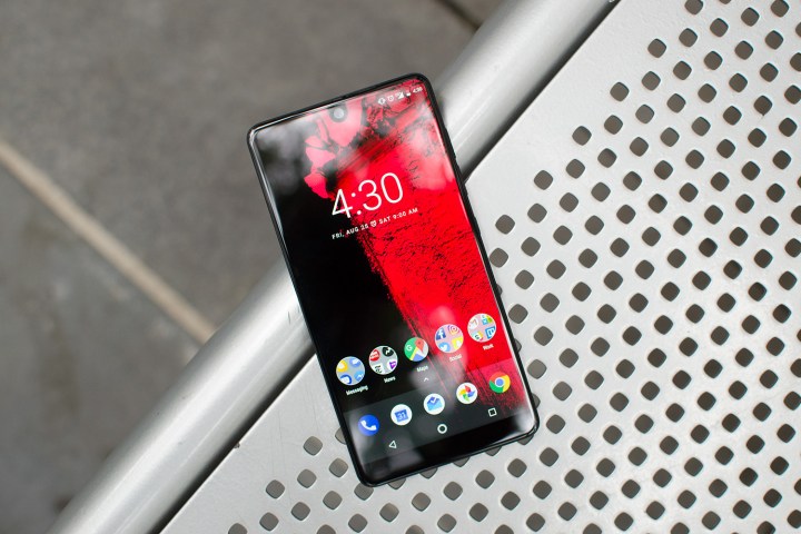 Essential phone review phone on bench
