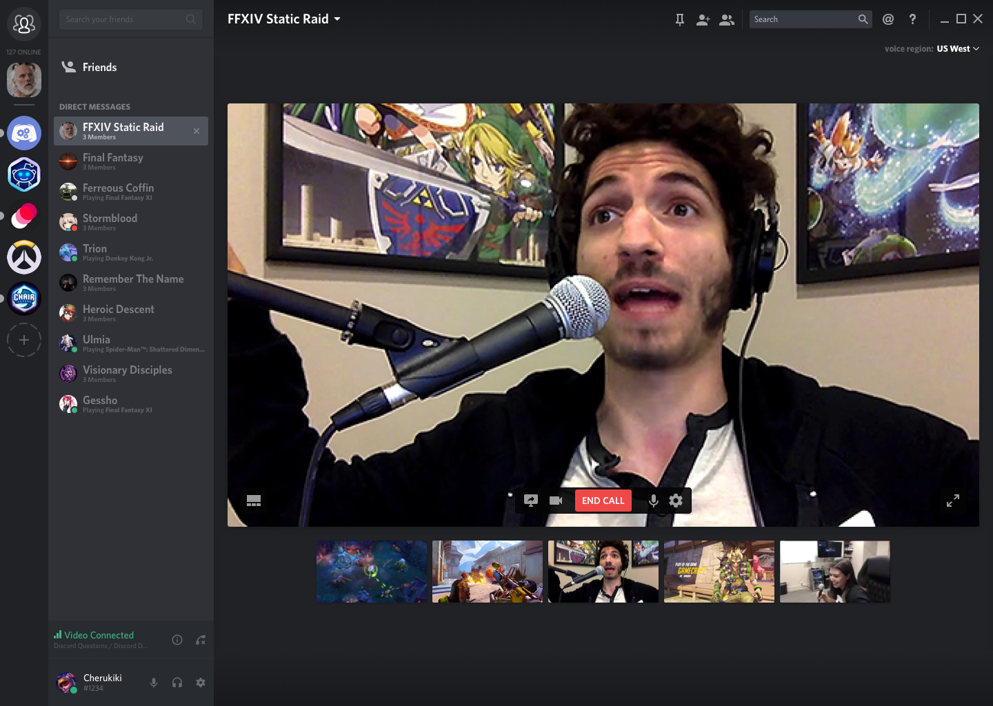 Discord screencaster talking in front of the webcam while is a group video chat with friends