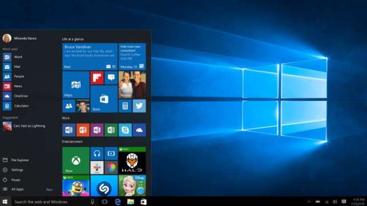 O menu de início do Windows 10 Pro