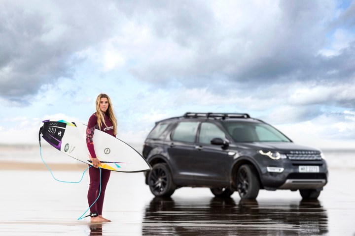 Lucy Campbell and Jaguar Land Rover surfboard