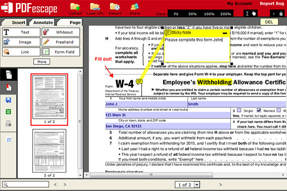 A PDFescape app interface screenshot showing a sticky note feature being added to a document.