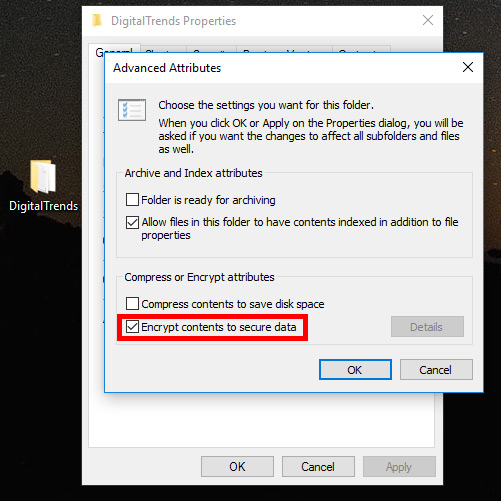 Ticking the checkbox for the Encrypt Contents to Secure Data option in Windows.