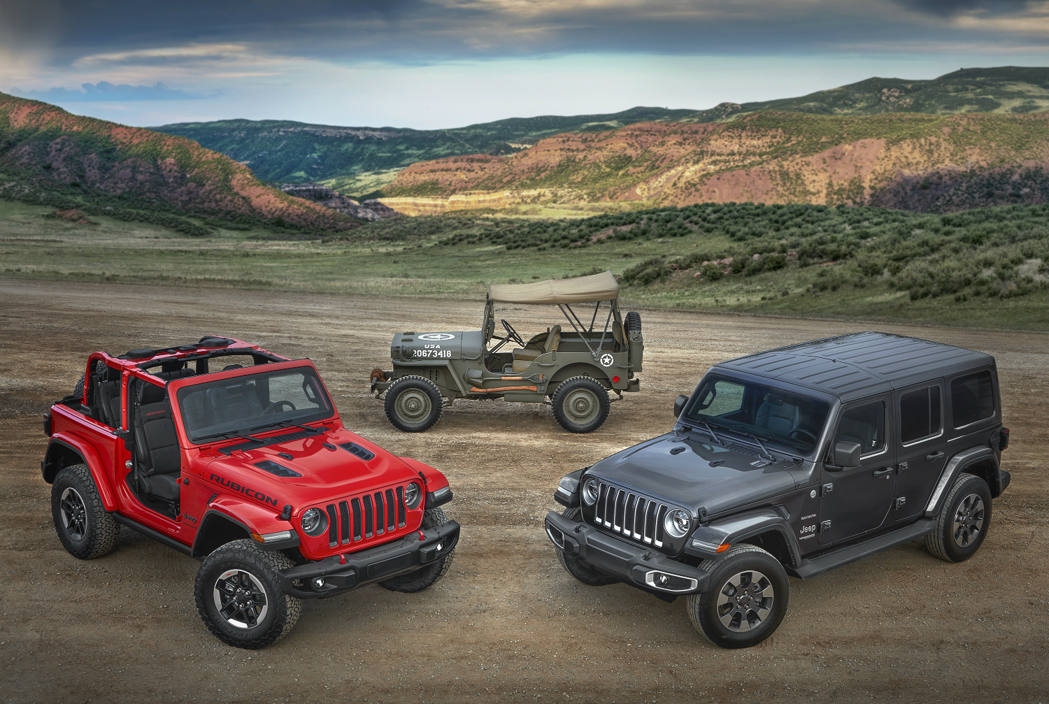 2018 Jeep Wrangler JL Rubicon and Sahara and 1944 Jeep-Willys Overland MB