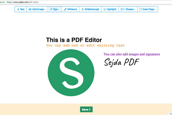 A Sejda PDF editor web app screenshot showing the web app's various editing options and a Save button.