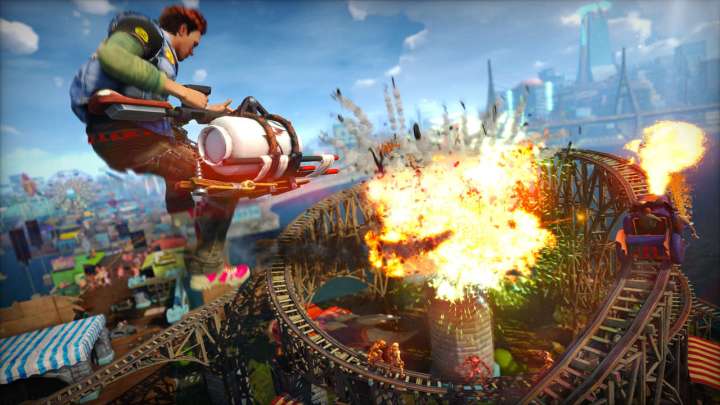 In Sunset Overdrive a character shoots a giant explosive.