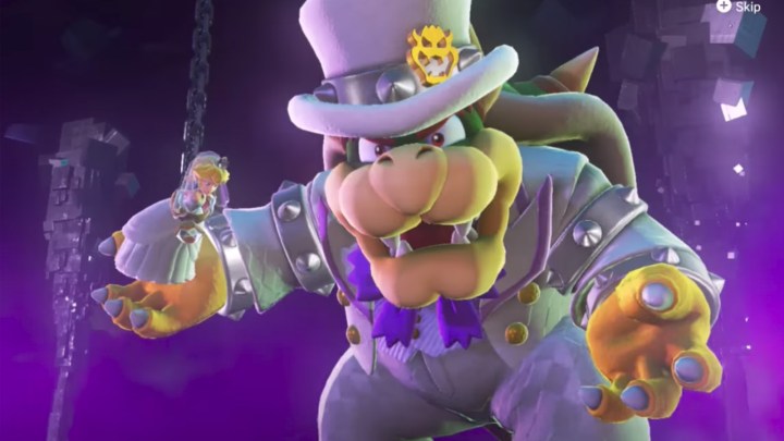 Bowser holds Peach in Super Mario Odyssey.