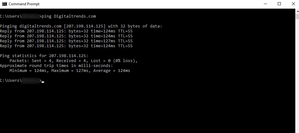 Running a ping command in the Windows Command Prompt.