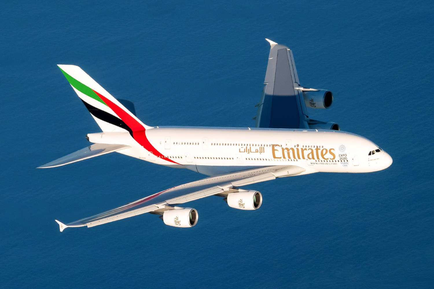 An Emirates A380 in flight.