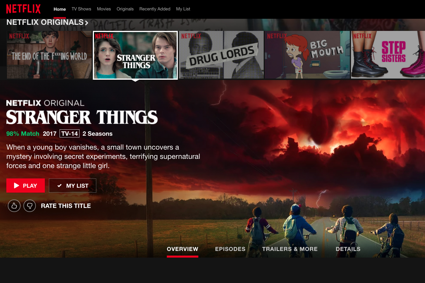 La pantalla de título de Strangers Things en Netflix.