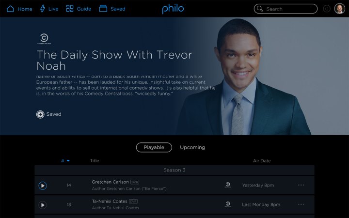 A página Daily Show com Trevor Noah no Philo. 