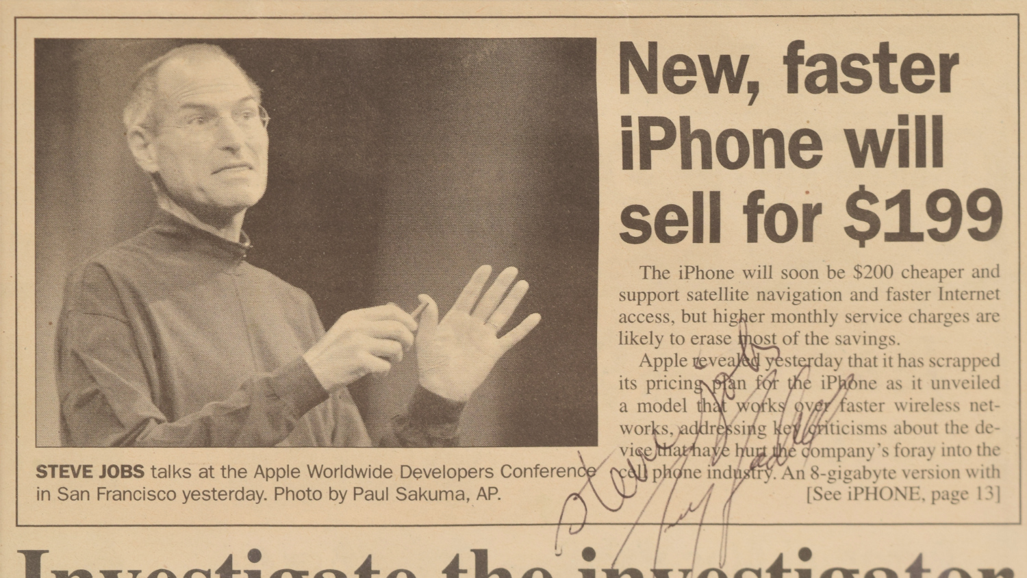 Steve Jobs signed newspaper article auction
