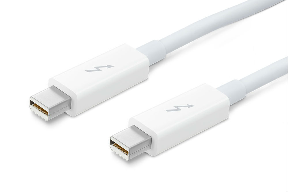 Close up of white Thunderbolt cables on a white background.