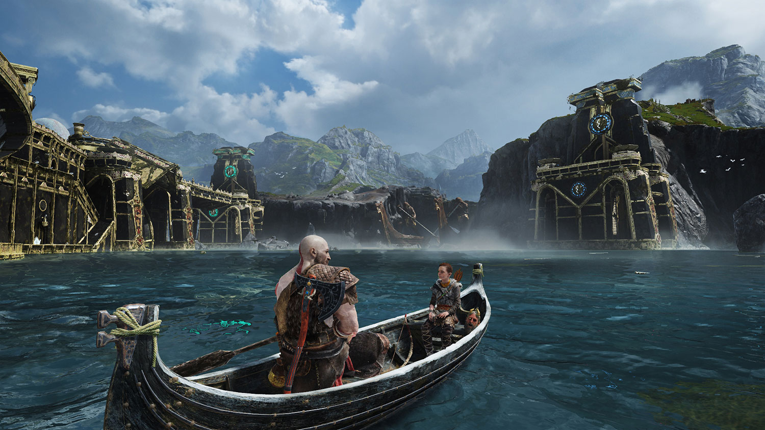 God of War Review | Kratos and Atreus cross a large waterway