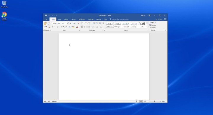 A blank document page in Microsoft Word on a blue desktop background.