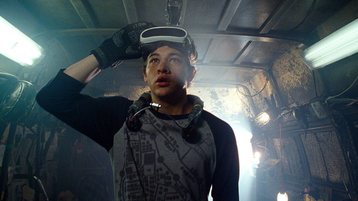 Tye Sheridan peers out of his headset in Ready Player One.