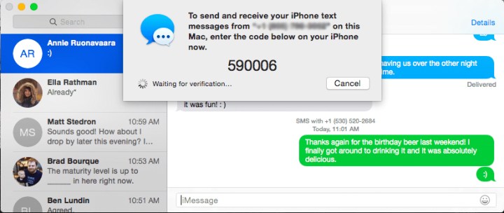 Verification code screen for sending and receiving messages on macOS.